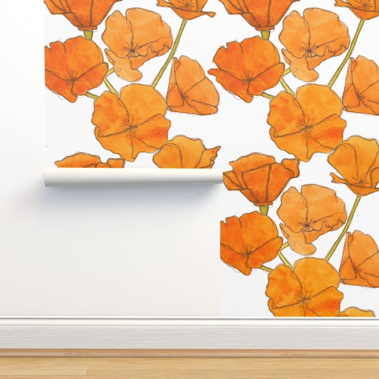 California Poppy Watercolor Floral Orange Poppies Large Scale Custom Pre-pasted Wallpaper by Spoonflower Pre-Pasted Wallpaper 2FT Wide